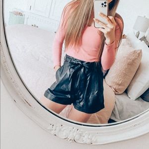 Black Leather Paperbag Waist Shorts